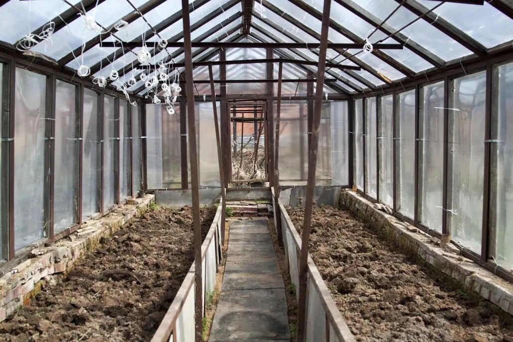 Widok wewnątrz pustej szklarni z przezroczystymi szklanymi ścianami i dachem. Grządki są uprawione i gotowe do sadzenia, a światło słoneczne wpada do środka