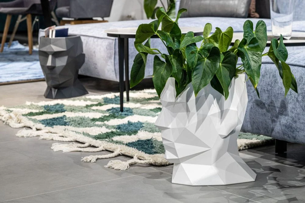 Nowoczesny salon ma białą geometryczną donicę w kształcie głowy z zielonymi roślinami, umieszczoną na kafelkowej podłodze obok niebiesko-białego dywanu. W tle znajduje się podobna donica w kolorze szarym obok sofy. 