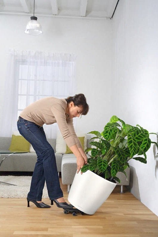 wkładanie donicy na podstawę na kółkach