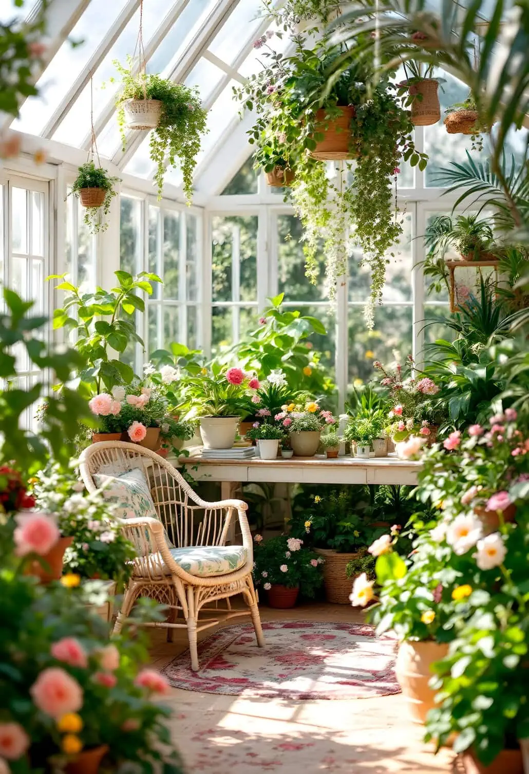Wnętrze szklarni pełne kwiatów
