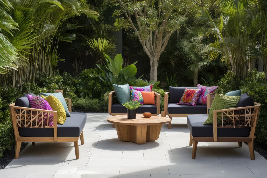 kolorowe poduszki na meblach ogrodowych