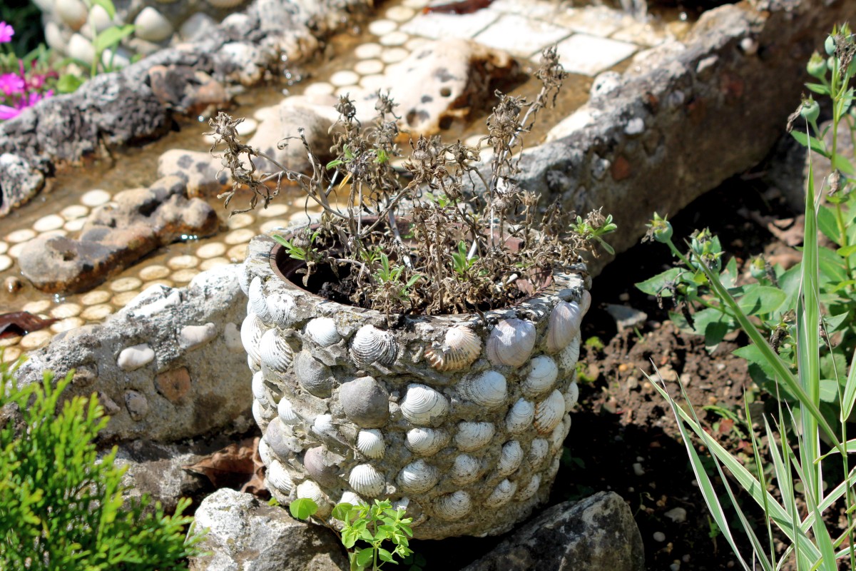Ozdobna doniczka ozdobiona muszelkami, zawierająca suszone rośliny, stoi na ścieżce w ogrodzie otoczona zielenią i kwiatami