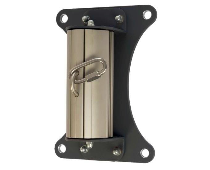 Metalowy uchwyt ścienny z przymocowanym cylindrycznym uchwytem. Uchwyt posiada zawieszony metalowy karabińczyk. Wspornik posiada cztery otwory montażowe, po jednym w każdym rogu, co zapewnia bezpieczną instalację. Ogólny projekt ma industrialny i funkcjonalny wygląd. 