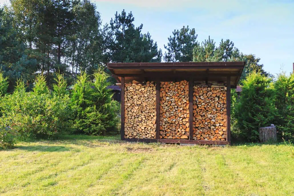 Schludnie ułożony stos drewna pod skośnym dachem stoi na trawiastym terenie, naśladując precyzję grafiki użytkowej, otoczony bujną zielenią drzew i krzewów pod błękitnym niebem. Drewno jest podzielone na trzy sekcje, tworząc schludny i symetryczny wygląd.