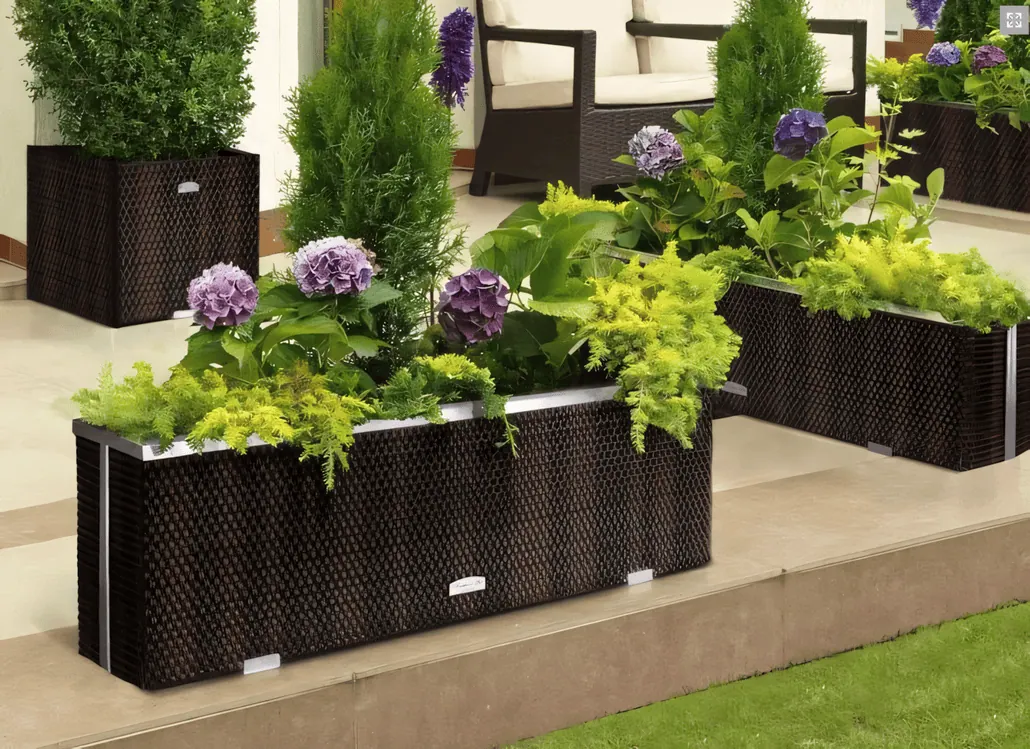 Prostokątne donice z zielonymi krzewami, fioletowymi hortensjami i żółtozielonymi liśćmi stoją na patio w pobliżu wiklinowych mebli ogrodowych z białymi poduszkami. Więcej donic widać w tle.