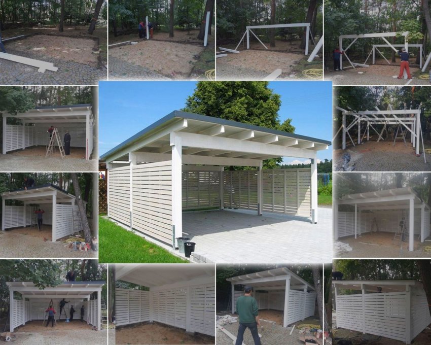 montaż wiaty na kilku zdjęciach