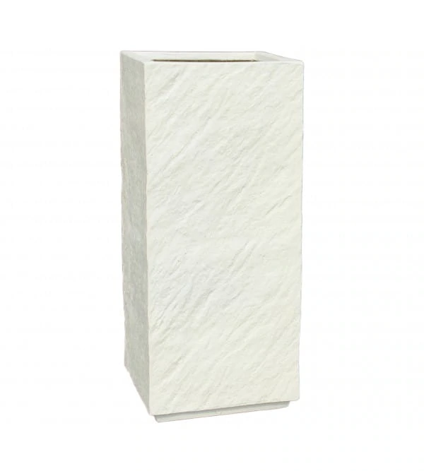 Wysoka, prostokątna, biała, mrozoodporna donica Fiberstone 31225 o fakturze kamienia.