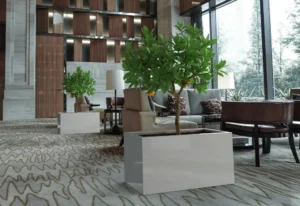 Biała, prostokątna donica „Regular” z włókna szklanego z małym drzewkiem w holu hotelowym.