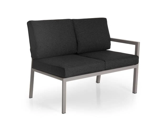 Zestaw modułów końcowych Delia, sofa dwuosobowa, ciemnoszare poduszki, jasnoszara metalowa rama, moduł prawy, jeden podłokietnik.