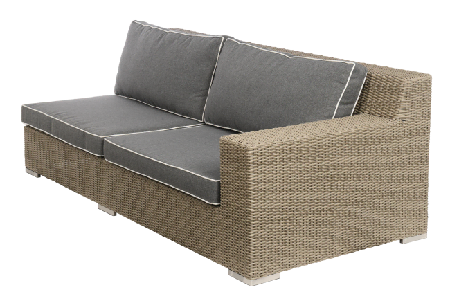 Dwuosobowa sofa modułowa Cloud z technorattanu (po prawej), szare poduszki z białym wykończeniem, podłokietnik po prawej stronie.