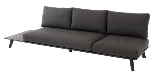 Niska sofa modułowa Bart, 3-osobowa, z ciemnymi poduszkami, boczną półką i ciemną ramą.