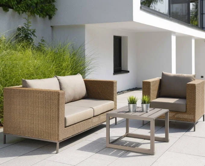 Zestaw z technorattanu „Fontana”: dwuosobowa sofa, fotel i mały kwadratowy stolik na wyłożonym kostką brukową tarasie.