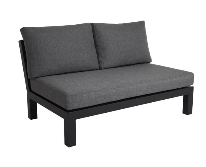 Modułowa sofa dwuosobowa Santorini bez podłokietników, czarna rama, szare poduszki.