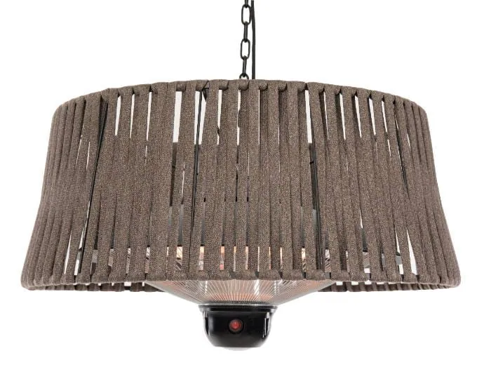 Wisząca lampa Artix w kształcie bębna, owinięta brązowym sznurkiem, z elementem grzewczym i czarną podstawą sterującą.