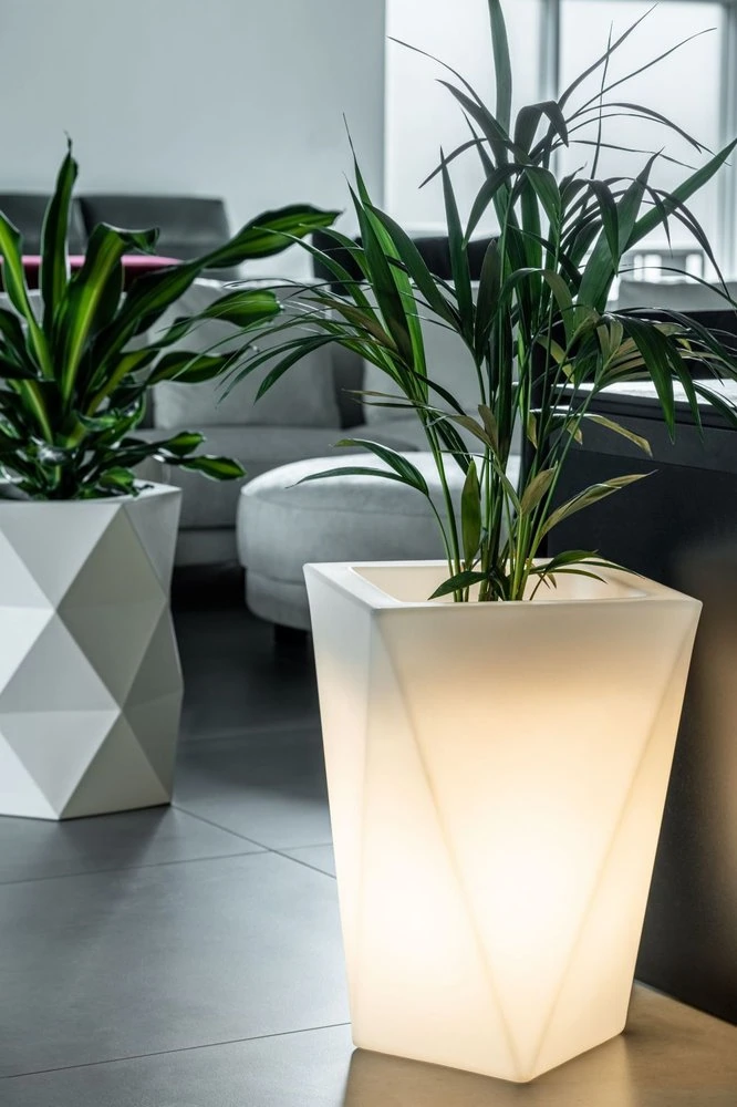Dwie wysokie, białe donice o geometrycznych kształtach z roślinami, w tym podświetlana donica VASO Light, na szarej podłodze wyłożonej płytkami.