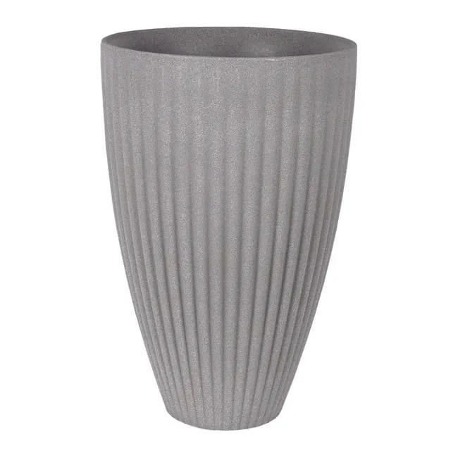 Wysoka plastikowa donica Lotus 40/60 cm, szara, z pionową żebrowaną fakturą.