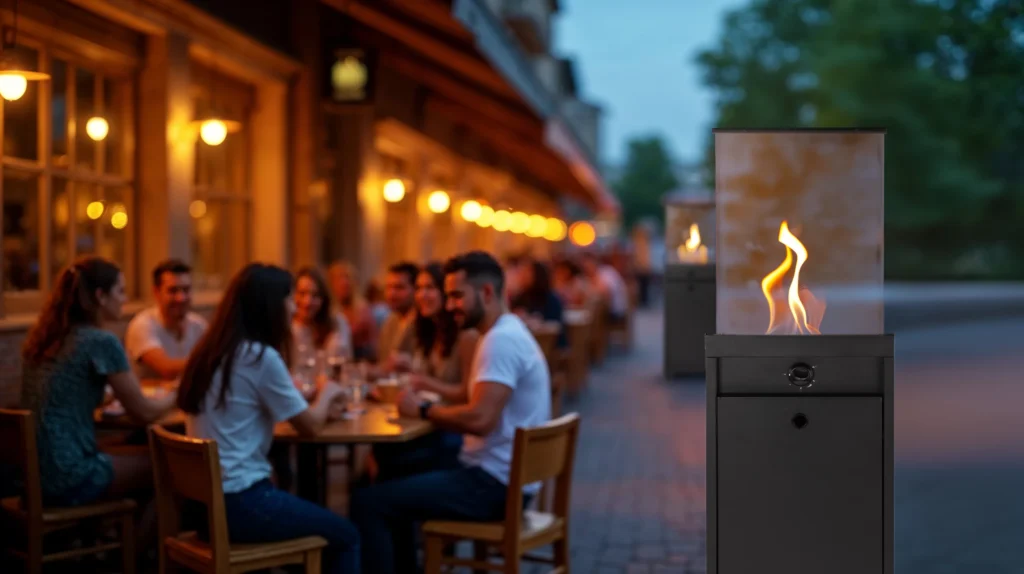 Czarny ogrzewacz tarasowy marki Apo z płomieniem widocznym za szybą na tarasie restauracji, gdzie siedzą klienci.